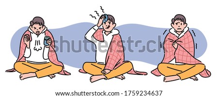 A man with cough, fever, and chills is sitting on a blanket. hand drawn style vector design illustrations. 