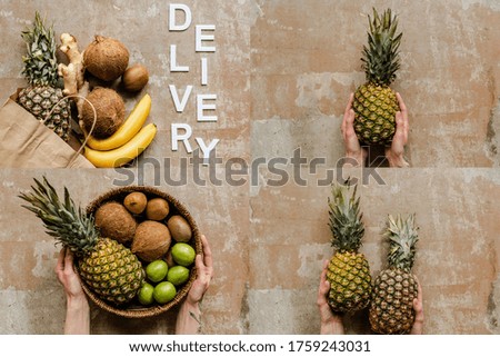 collage of female hands, ripe fresh fruits and word delivery on weathered surface