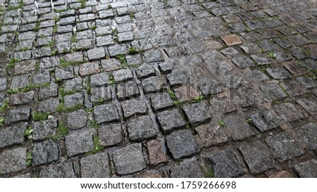 A wet sidewalk creates a shiny backdrop. Beautiful gray stone background. Stone road, paving stones in the old town during the rain during the daytime.