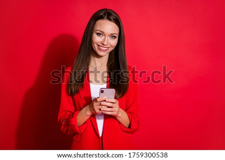 Photo of attractive business lady successful person worker browsing telephone stay home quarantine remote worker wear office blazer suit white shirt isolated vibrant red color background