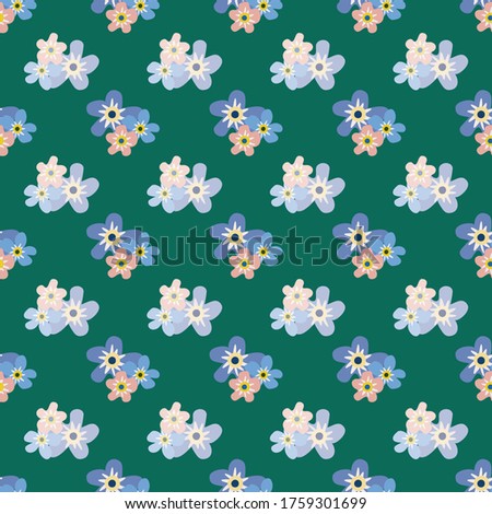 Wild meadow flowers seamless vector pattern background. Groups of Forget-me-not florals blue green backdrop. Botanical geometric design. Modern simple all over print for fabric, packaging, kitchen
