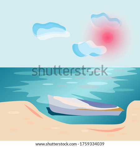 blue ocean dawn vector illustration with lonely silhouette of a fishing boat.