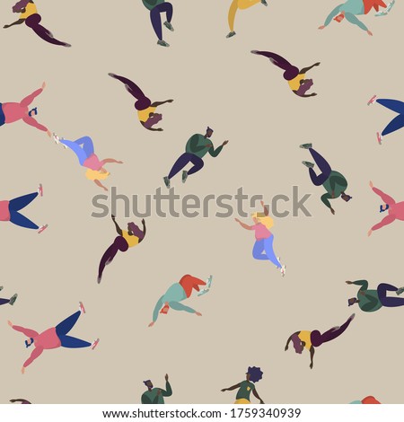 Seamless pattern. People jumping and dancing at party illustration. Simple flat woman man character vector cartoon style. Person festive scene celebration cute picture clip art graphic element