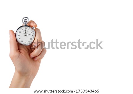 stopwatch hold in hand, button pressed,monochromatic white background Royalty-Free Stock Photo #1759343465