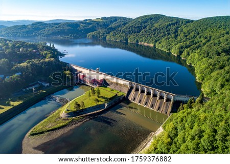 Roznow dam, lake and hydroelectric power plant on the Dunajec River in Poland. Aerial view. Early morning in spring Royalty-Free Stock Photo #1759376882