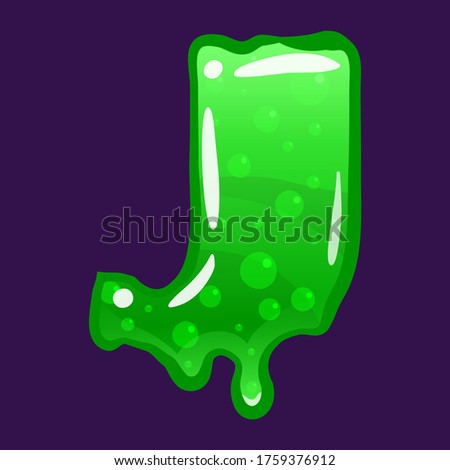 Slime font type letter J latin alphabet. Green bubbling toxic mold. Vector cartoon style illustration