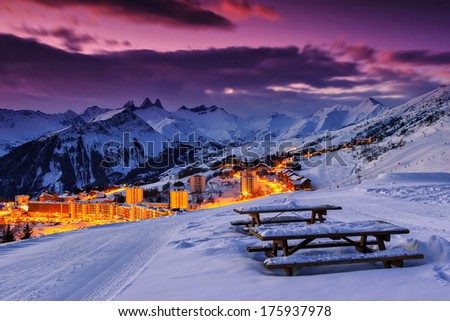 Evening landscape and ski resort in French Alps,La Toussuire,France Royalty-Free Stock Photo #175937978