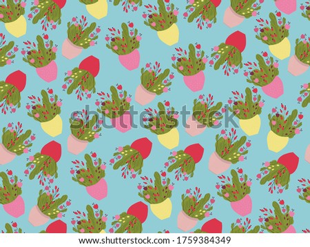 Seamless endless pattern. On a blue background, many bouquets of vases of pink, yellow and pink flowers. Bright, fresh, summer, rustic colors. Print for fabric, wallpaper, paper. Vector.