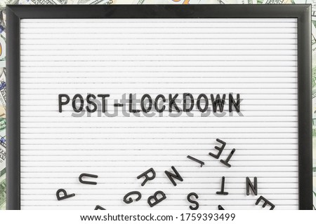 Post-lockdown text on building blocks on Letter board. Adapting to new life or business post-lockdown after COVID pandemic. Business with social distancing personal hygiene Royalty-Free Stock Photo #1759393499