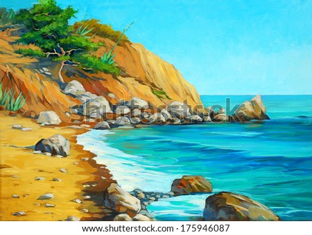 landscape of mediterranean sea with a beach and  bay, painting by oil on canvas,  illustration