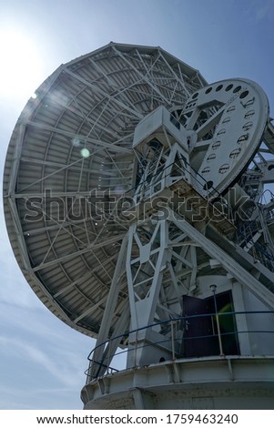 Old Soviet Radio Telescope. 
A large satellite dish against a blue sky.