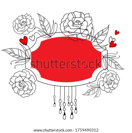 decorative frame with flowes and hearts, simple ilustration for greeting card or banner, vector icon or button, eps 10