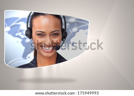 Call centre agent on abstract screen against digitally generated room
