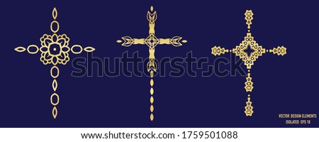
Gold metallic cross design element icon. Isolated decorative faith symbol motif.  Ornate decorated shiny metal effect. Set Collection