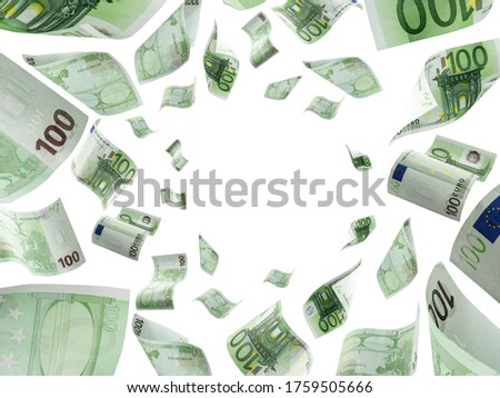Euro money falling cash. European banknotes isolated on white background.