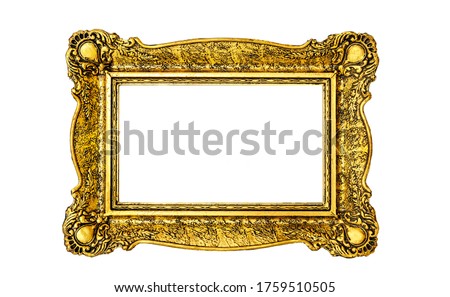 Vintage luxury golden frame with ornate baroque decoration isolated over white background. Retro fancy picture frame for interior design.