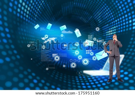 Thinking businessman touching chin against futuristic dotted blue and black background