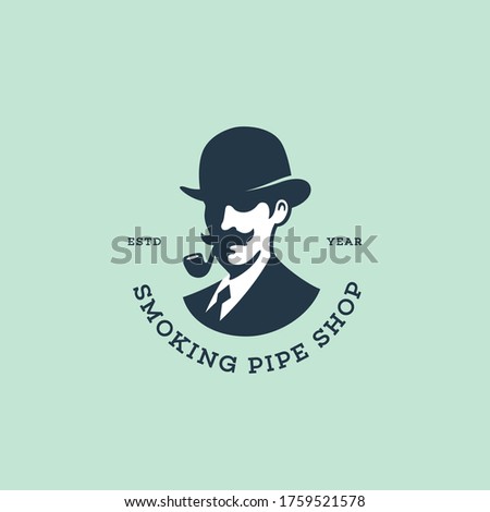 Gentleman with a smoking pipe logo design template for a light background. Vector illustration.