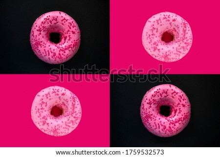 pink donut on a black and pink background. beautiful sweets.