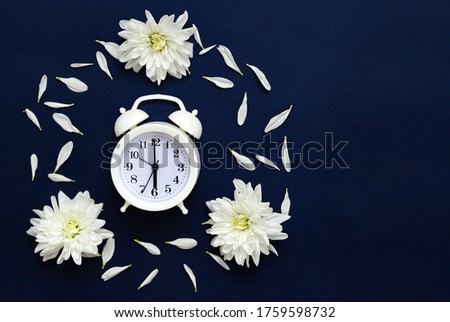 Beautiful white alarm clock among fresh white chrysanthemums and petals on a blue background.The hands on the clock show 6 am.Selective focus.Copy space.The view from the top.Keyboard layout