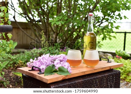Outdoor patio and deck setting with relaxing mindful beverage for enjoyable afternoon in a gorgeous early summer backyard on a beautiful sunny day