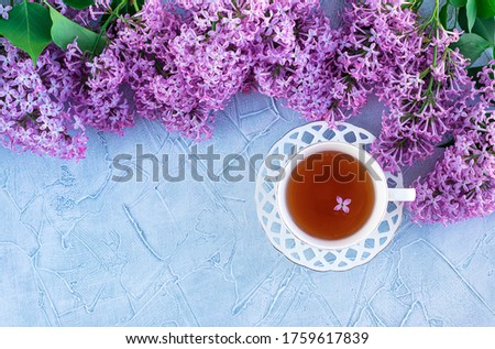 Lilac and Cup and saucer on a gray background. The concept of Good morning romantic. Flatley. copyspase