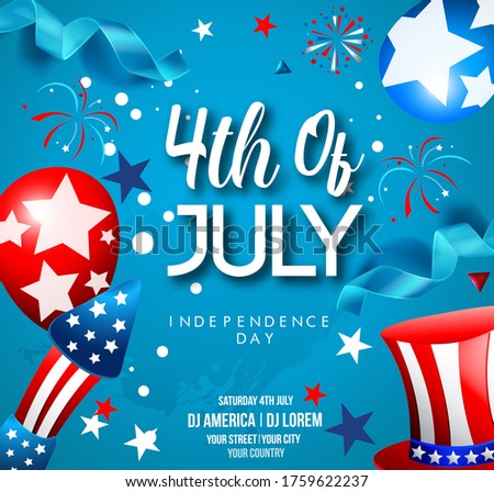 Happy american independence day USA, 4th of july, United states of america day. National Celebration Design with Colorful Air Balloon and Typography Letter- Vector Illustration.