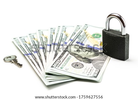 Save money. Dollar sign with padlock isolated on white. American money or us bill cash on white background. Top view with copy space.