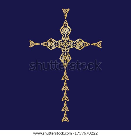 Gold metallic cross design element icon. Isolated decorative faith symbol motif.  Ornate decorated shiny metal effect.