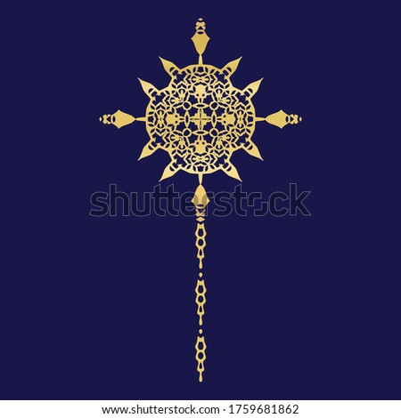 
Gold metallic cross design element icon. Isolated decorative faith symbol motif.  Ornate decorated shiny metal effect.

