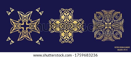 
Gold metallic star cross arabesque design element. Isolated decorative hand drawn motif flourish. Lace lurex damask embroidery style invitation card.
Set Collection