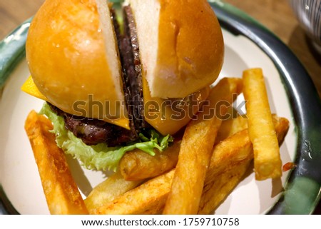 chingolo hamburger and fries overhead shot