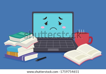 Illustration of a Sad and Tired Laptop Mascot with Stack of Books and Cup of Coffee