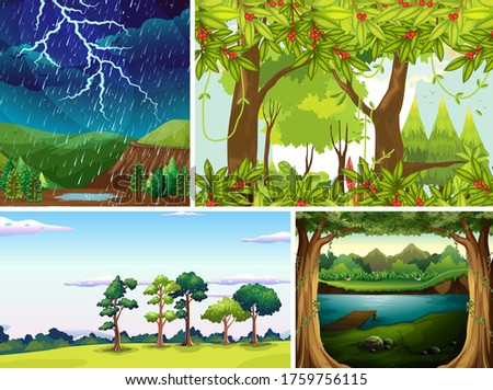 Four different nature scene of forest and swamp cartoon style illustration