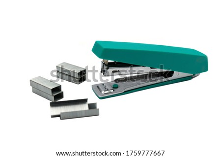 stapler with staple paper.A stapler is a mechanical device that joins pages of paper or similar material by driving a thin metal staple through the sheets and folding the ends.