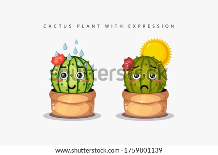 Fresh and withered cactus plants with cute expressions