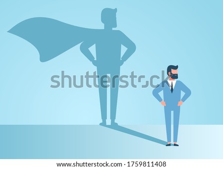 Confident handsome young businessman standing superhero shadow concept illustration. businessman dreams of becoming a superhero Royalty-Free Stock Photo #1759811408
