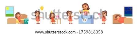 Birthday of little girl. Concept of children's holiday, pocket money. Joyful child receives gift, eats cake, buys sweets, holds balloon, sleeps happy. Cartoon characters, set of vector illustrations