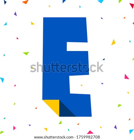 Colored kids Font, multi colored children alphabet, uppercase letter E cut from paper with bent angle, vector illustration 10eps