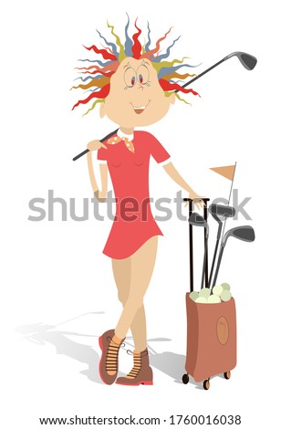 Funny young woman plays golf isolated illustration. Pretty young woman with a golf club on the shoulder and bag full of golf clubs and balls isolated on white 
