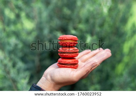 Red french macaroon cookies from hazelnut flour with salted caramel and lemon Kurd on hand, outdoors, green background. Soft selective focus.