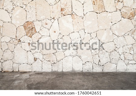 Outer wall made of shell rock and concrete floor, empty interior background, photo texture