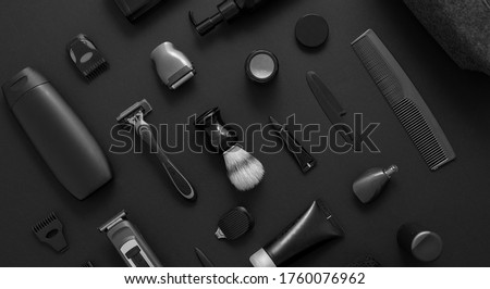 Men beauty and health concept. Various shaving and bauty care accessories placed on black background Royalty-Free Stock Photo #1760076962