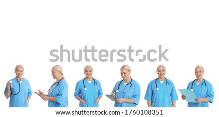 Collage with photos of mature doctor on white background, banner design