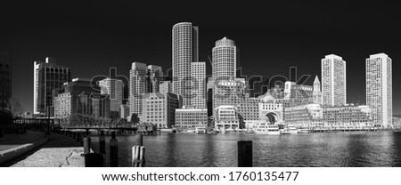 Panoramic Boston City and Seascape at the Boston Harbor. Monochrome Black and White Photo.