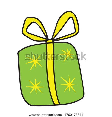 Drawing of a green gift box with a yellow bow . Hand drawn vector Doodle illustrations isolated on a white background.