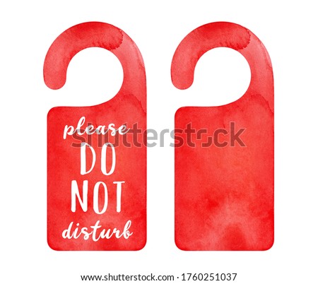Watercolour set of two bright red door hanger tags: blank one and with "Please Do Not Disturb" writing. Hand painted water color sketchy drawing, cut out clip art elements for design, banner, print.