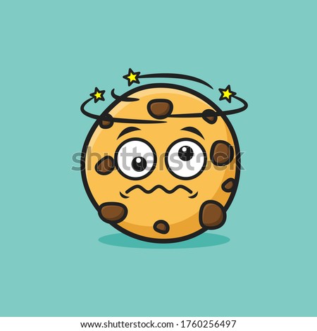 Cute chocolate chips cookies mascot character design. Kawaii cartoon style vector icon illustration of dizzy cookie with funny face expression. 