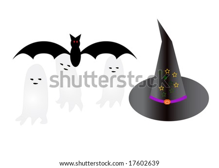 Vector witch hat and ghost on white background
