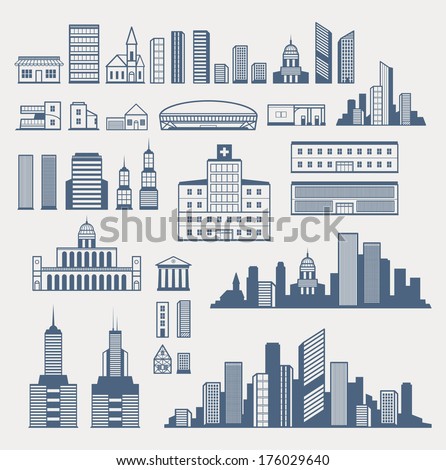 Buildings and structures. Easy to combine and create different city silhouettes. EPS8.